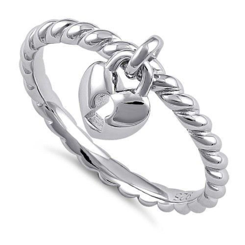 New Sterling Silver Locked Heart Dangle Ring